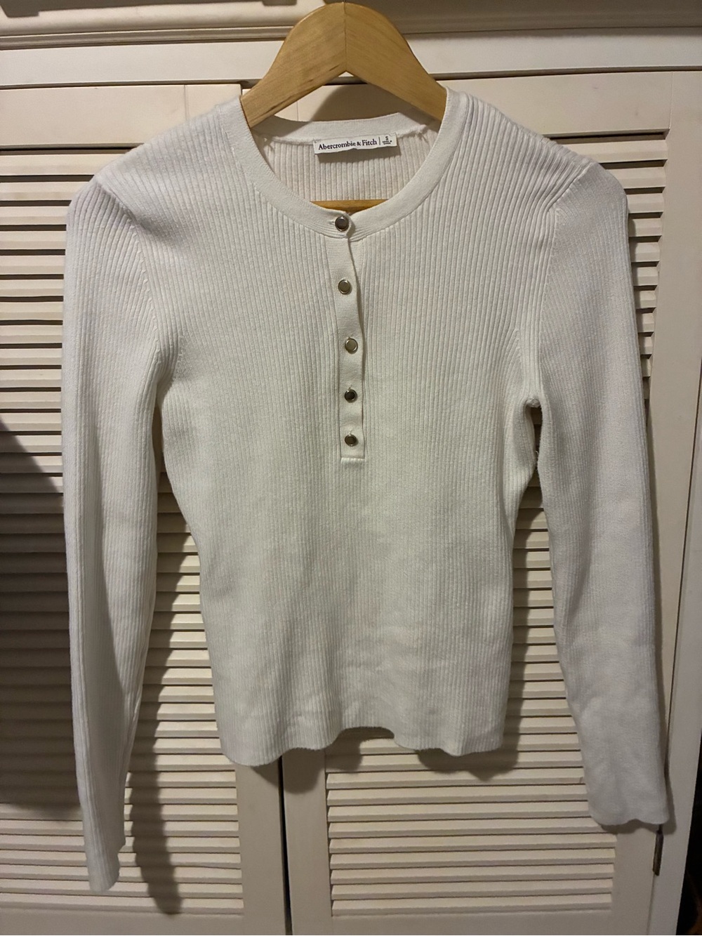 Abercrombie & Fitch White Ribbed Henley Long Sleeve Top